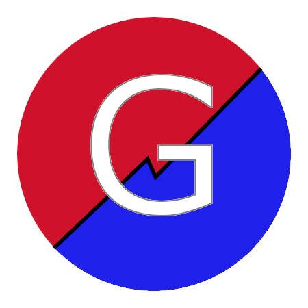 Half red and half blue circle with the letter G inside